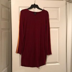 Burgundy dress with mustard yellow line on side